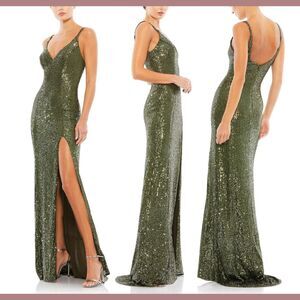 NWT IEENA Mac‎ Duggal [ 4 ] Fully Sequined Scoop Back Gown in Olive Green G1623